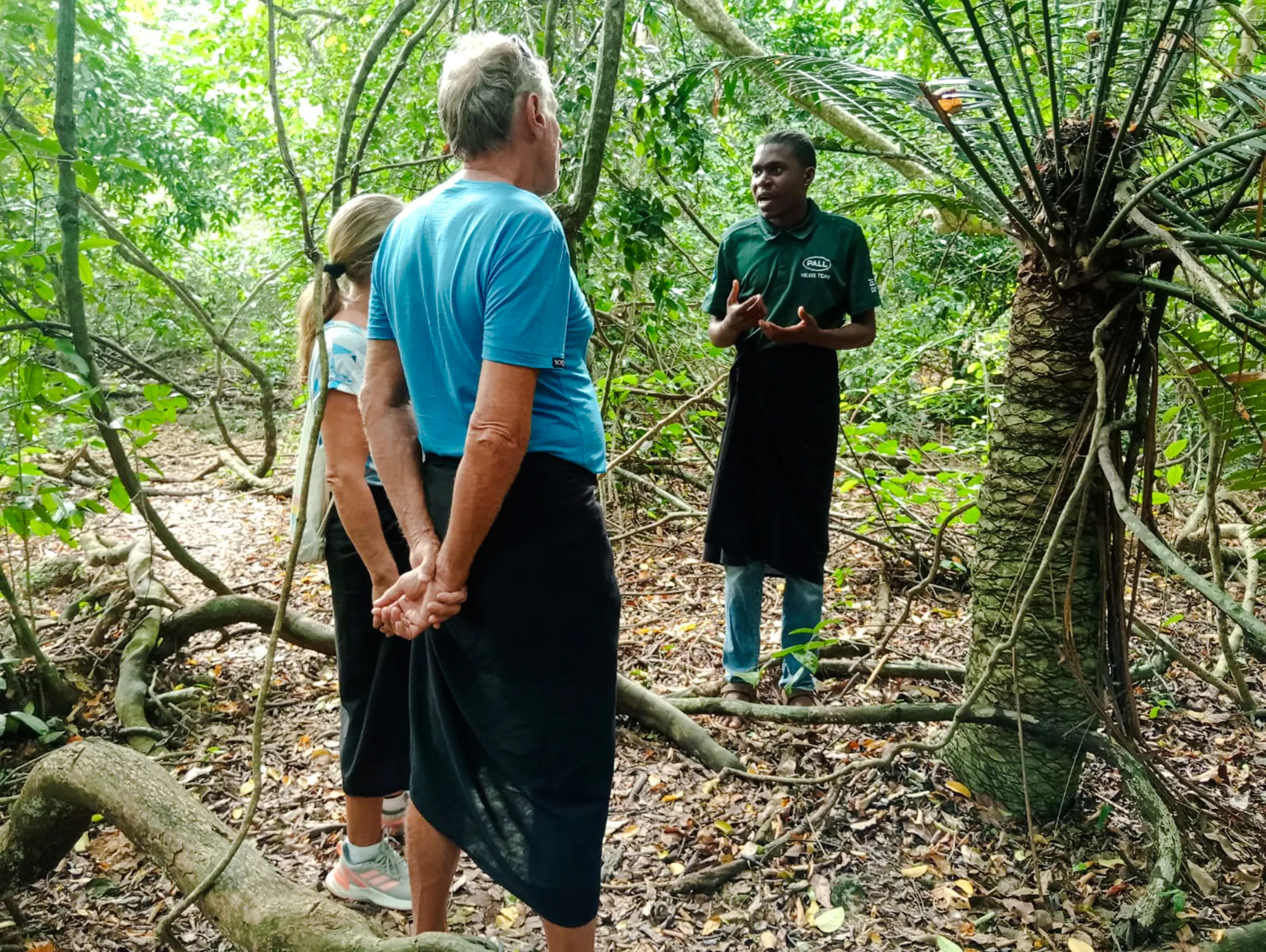 Guide explaining Kaya Kinondo Forest to visitors, Diani Beach.