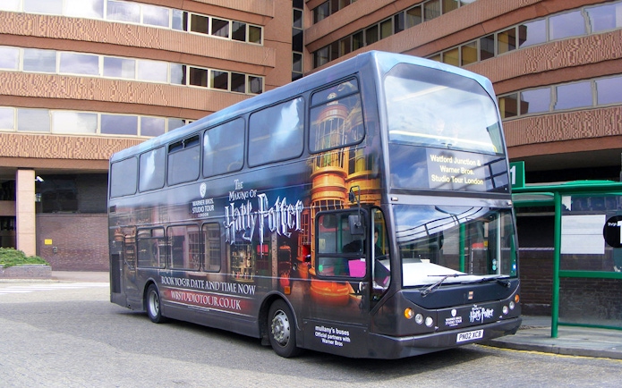 Double-decker bus for Harry Potter Studio Tour at Watford Junction.