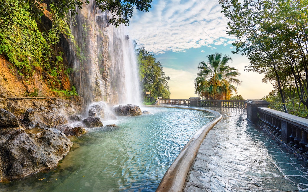 Waterfall and walkway at Parc de la Colline du Chateau, Nice.