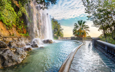 Waterfall and walkway at Parc de la Colline du Chateau, Nice.