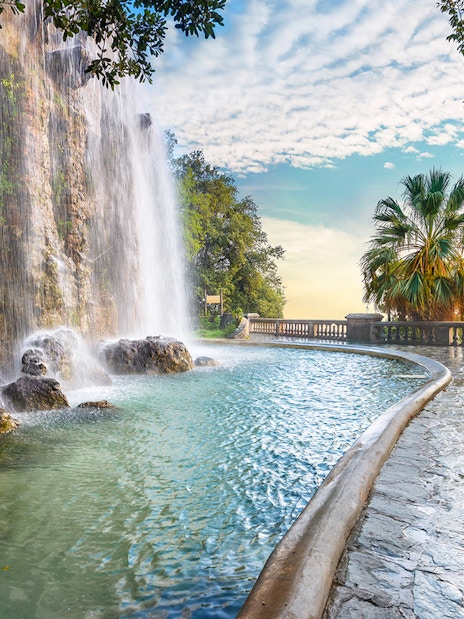Waterfall and walkway at Parc de la Colline du Chateau, Nice.