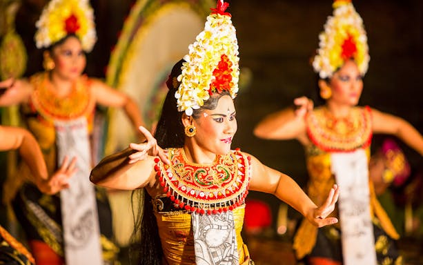 Legong dancers performing at Ubud Palace, Bali.