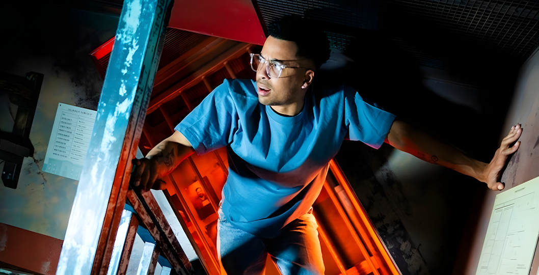 Man navigating tilted room at Prison Island Melbourne escape room.