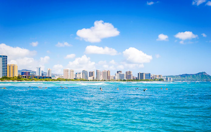 Honolulu skyline viewed from a glass-bottom boat in Hawaii.