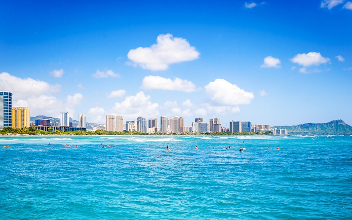 Honolulu skyline viewed from a glass-bottom boat in Hawaii.