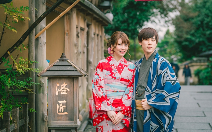 Guests in traditional kimonos at Kyoto Kimono Rental.