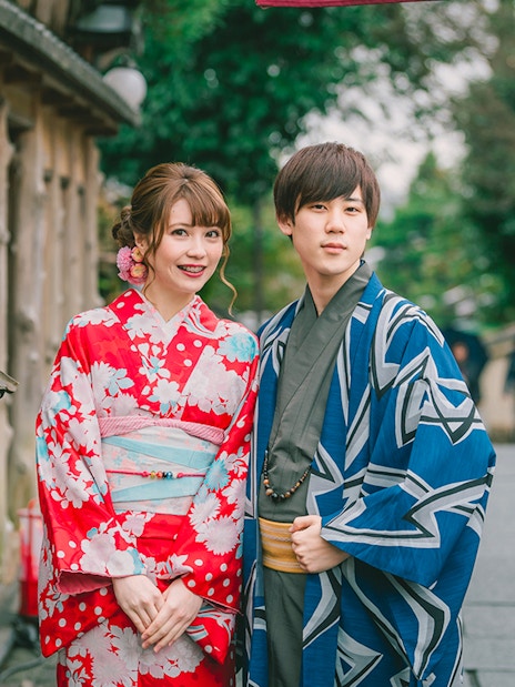 Guests in traditional kimonos at Kyoto Kimono Rental.