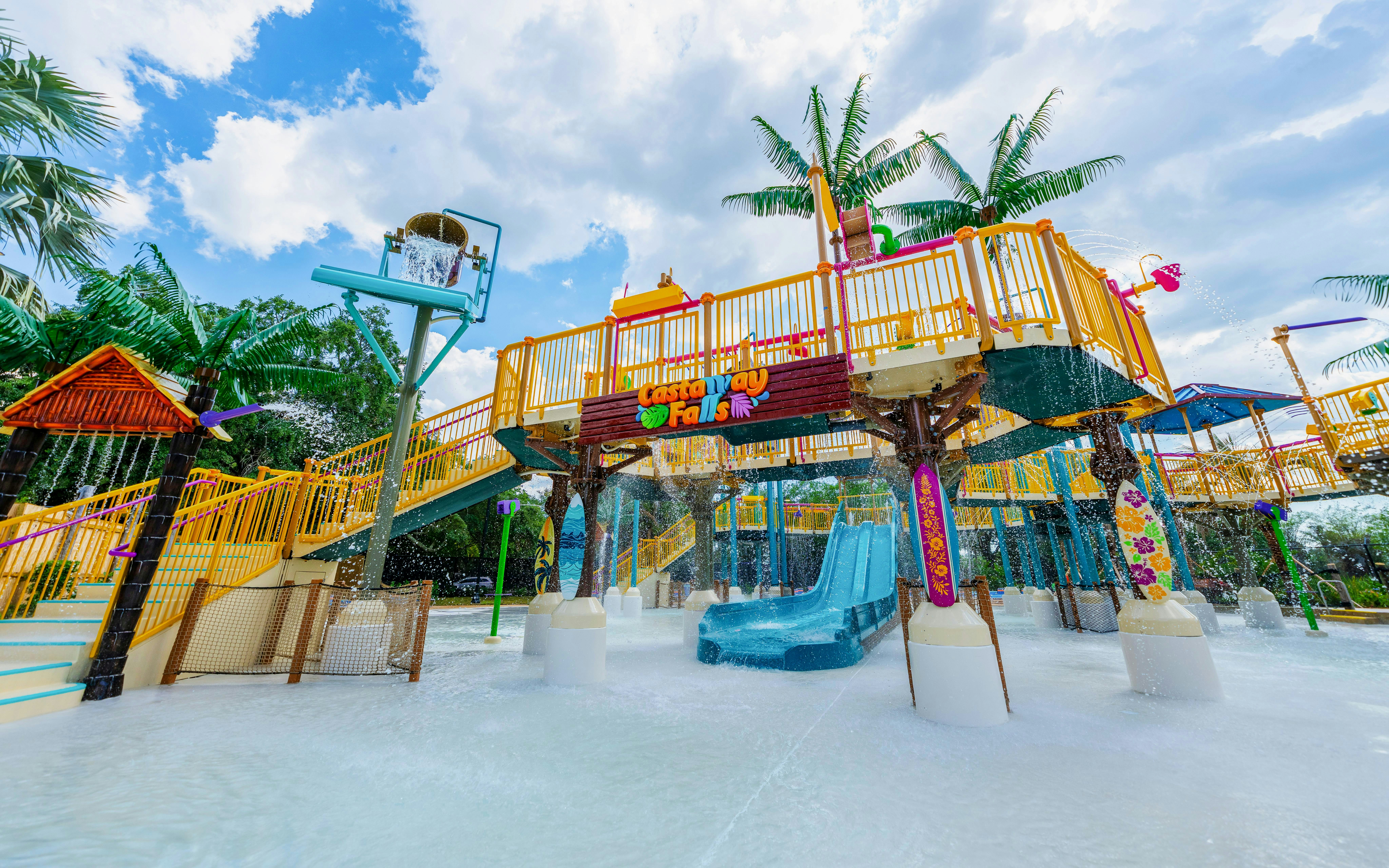 Water play area with slides and splash features at Adventure Island, Tampa.