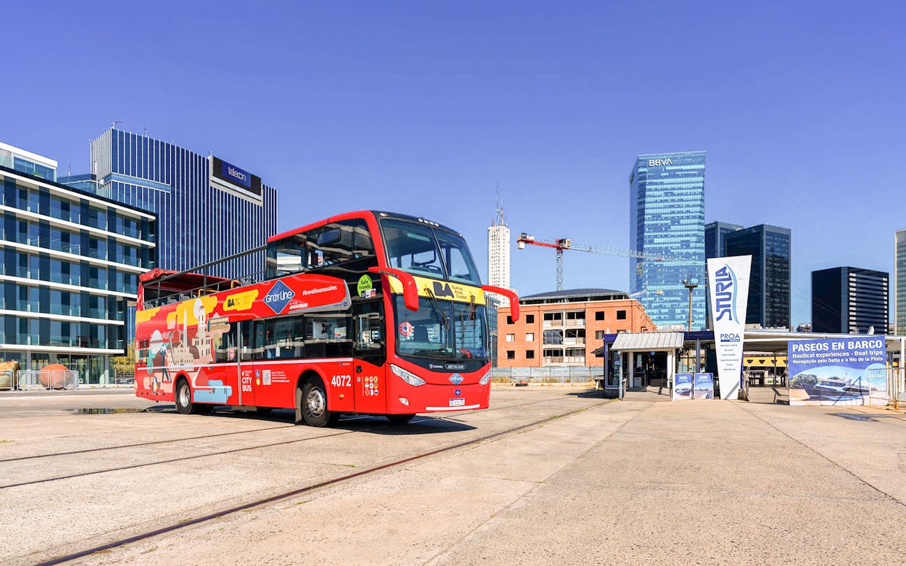 Gray Line hop-on hop-off bus near Telecon building, Buenos Aires.