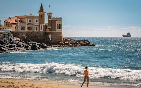 Wulff Castle on the rocky coast of Vina del Mar, Chile, with a ship in the distance.