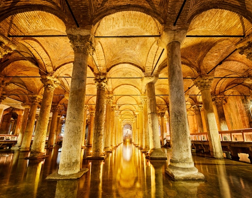 Basilica Cistern interior with columns near Hagia Sophia, Istanbul.