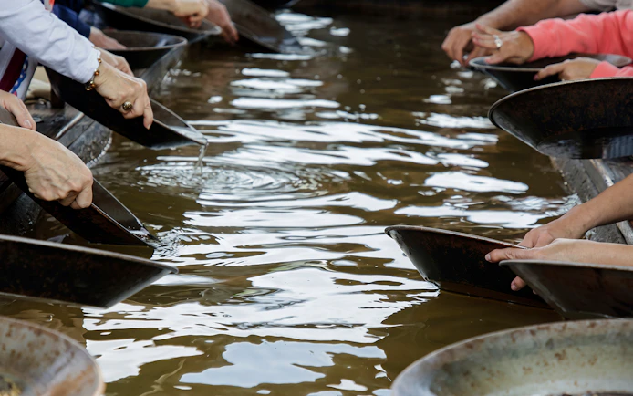 People panning for gold in a river during the Ultimate Fairbanks Day Tour.