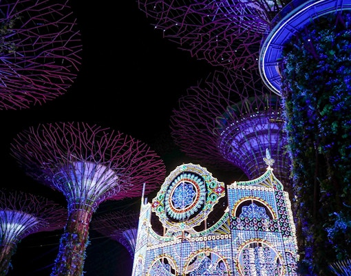 Gardens by the Bay Christmas Wonderland light displays and festive decorations in Singapore.