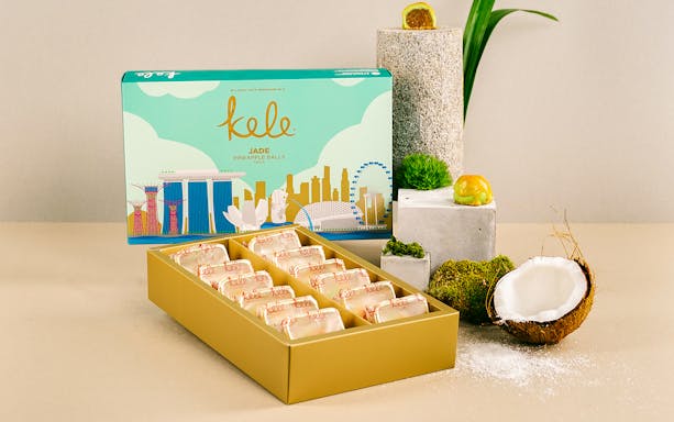 KELE Singapore Pineapple Balls souvenir box with iconic city skyline design.
