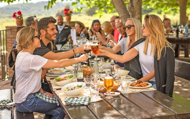 Dining experience near Montserrat Monastery with people toasting at an outdoor table.