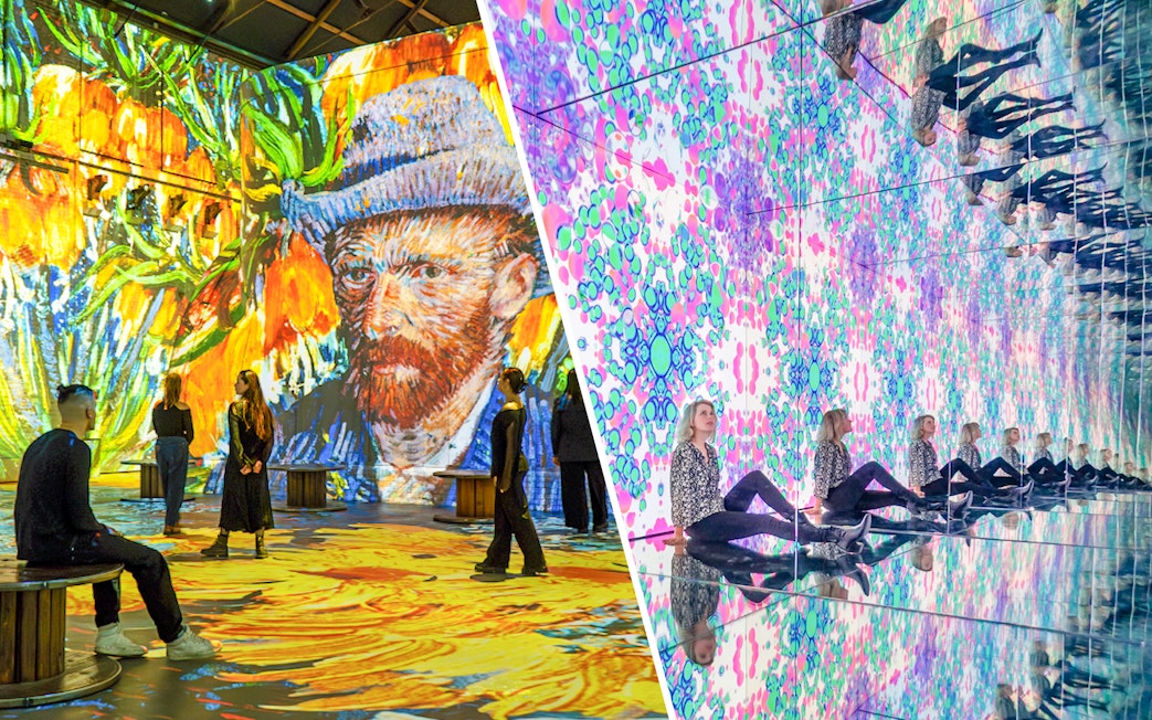 Visitors at Fabrique des Lumières and Moco Museum enjoying immersive art displays.