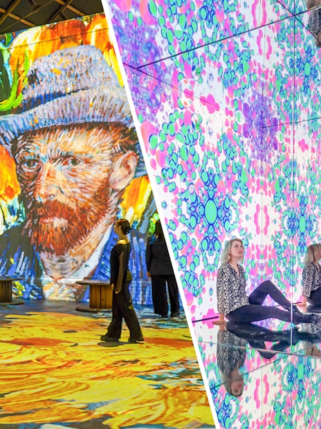 Visitors at Fabrique des Lumières and Moco Museum enjoying immersive art displays.
