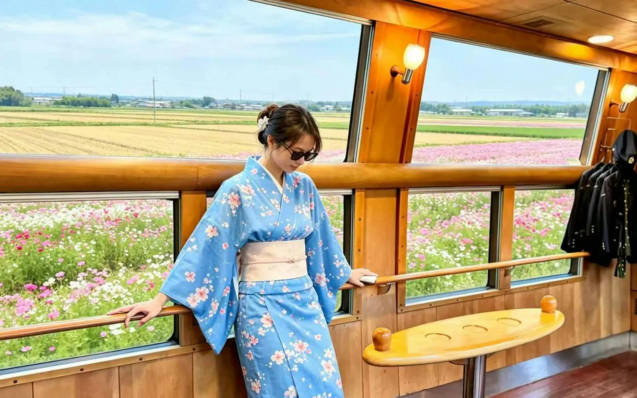 Passenger in kimono on Yufuin no Mori train with flower fields view, Fukuoka day trip.