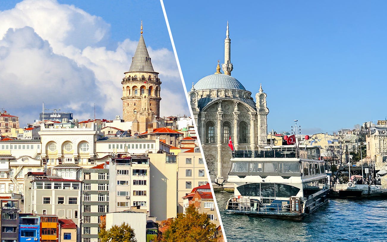 Galata Tower and Bosphorus cruise ship in Istanbul, Turkey.