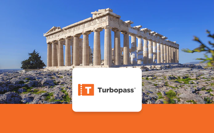 Parthenon in Athens with Turbopass logo, promoting Athens City Pass.