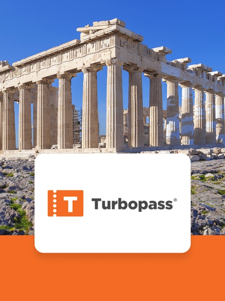 Parthenon in Athens with Turbopass logo, promoting Athens City Pass.