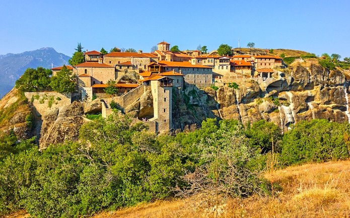 Holy Monastery of Great Meteoron perched on a rocky cliff in Meteora, Greece.