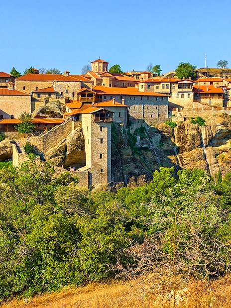 Holy Monastery of Great Meteoron perched on a rocky cliff in Meteora, Greece.