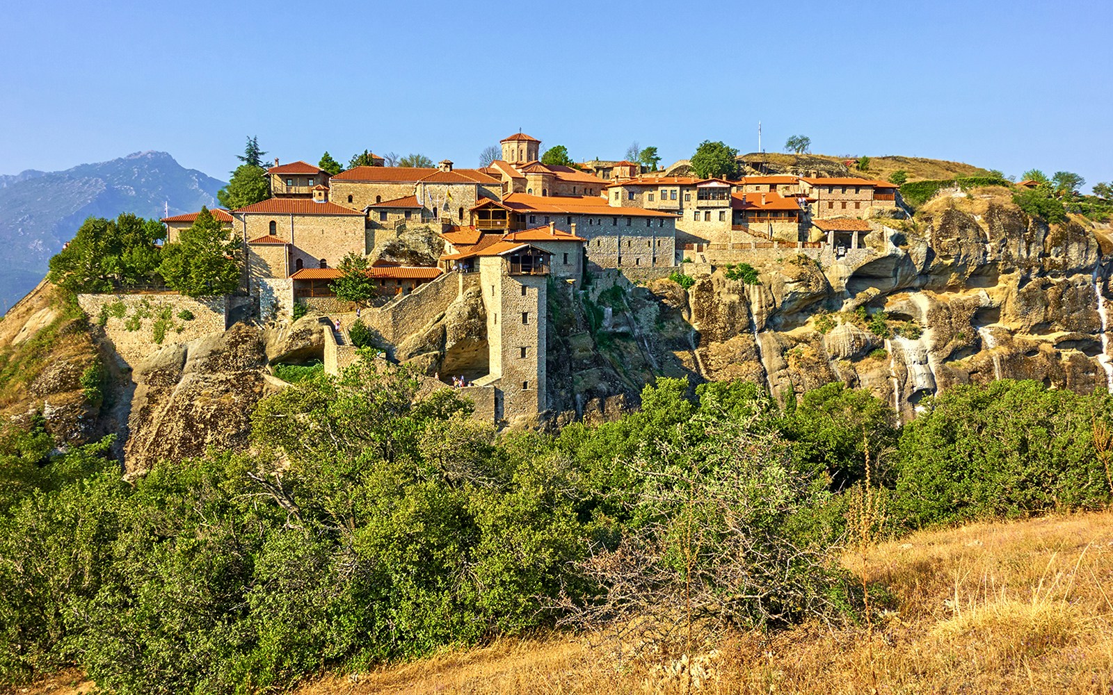 Holy Monastery of Great Meteoron perched on a rocky cliff in Meteora, Greece.