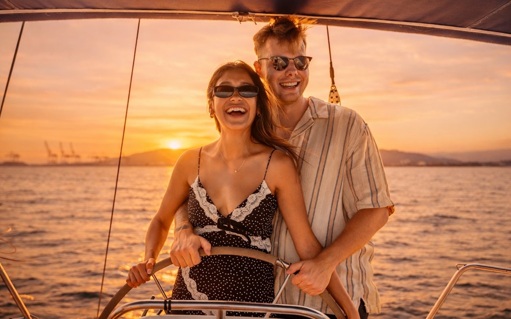 Couple steering yacht at sunset in Barcelona.
