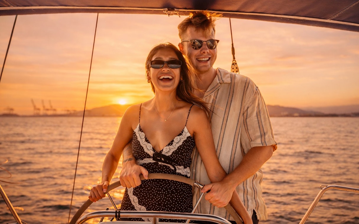Couple steering yacht at sunset in Barcelona.
