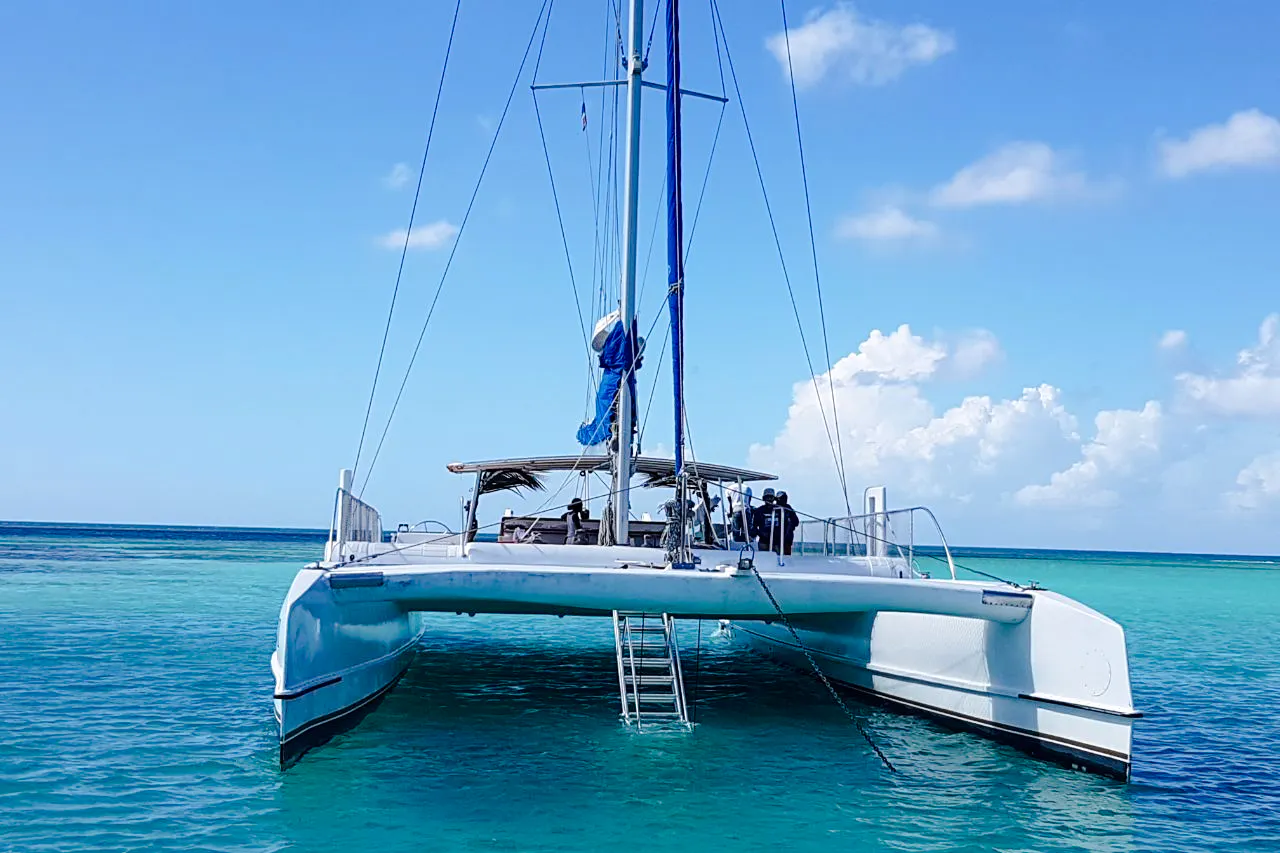 Catamaran anchored in turquoise waters during Catalina Island day trip from Santo Domingo.