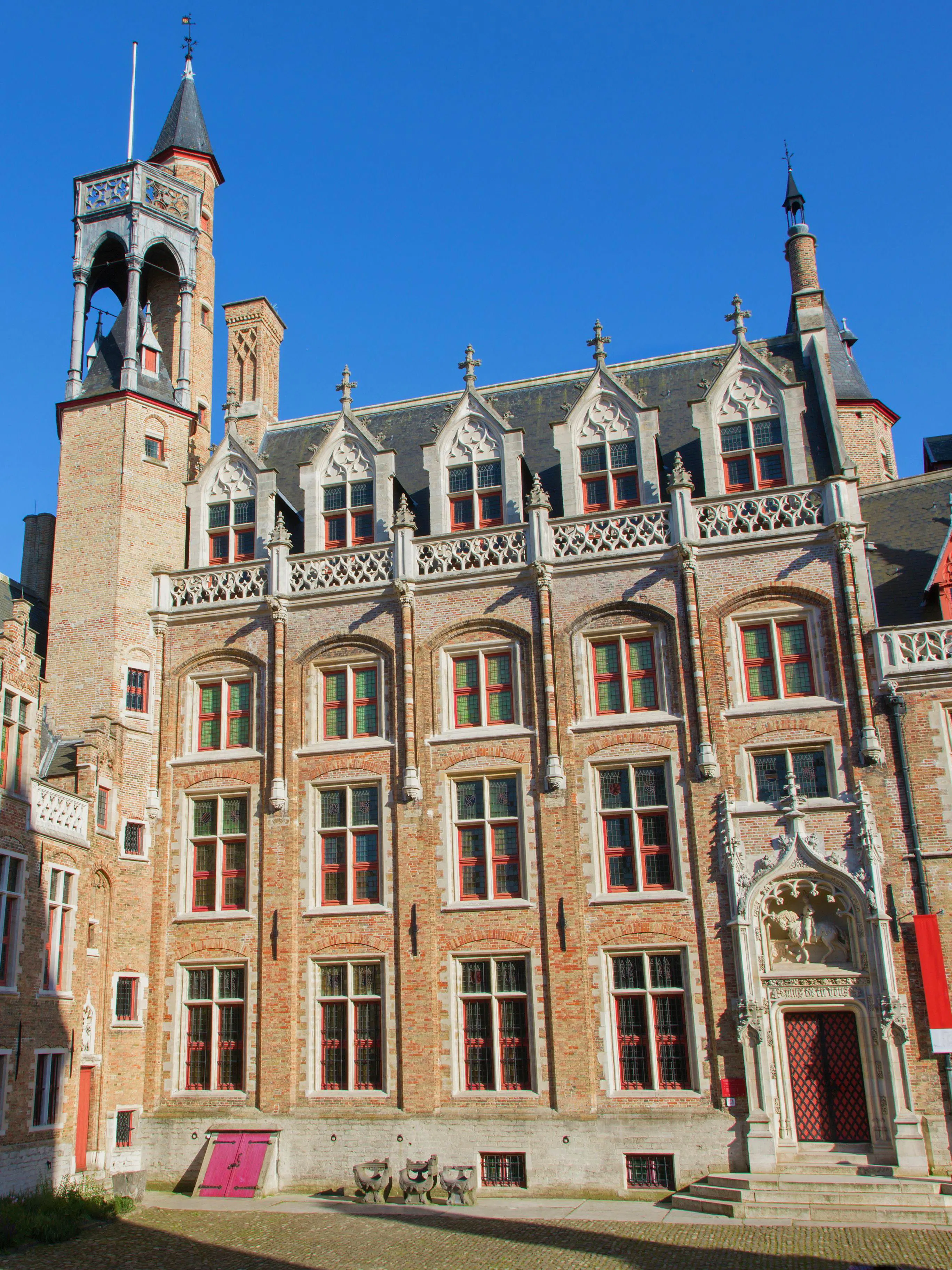 Gruuthusemuseum facade with Gothic architecture in Bruges, Belgium.