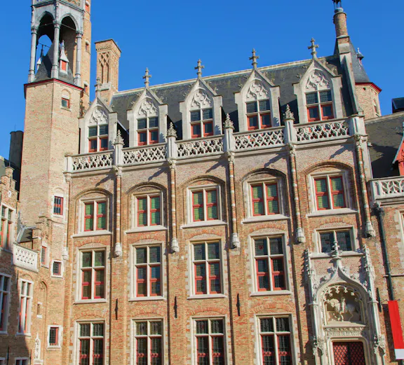 Gruuthusemuseum facade with Gothic architecture in Bruges, Belgium.