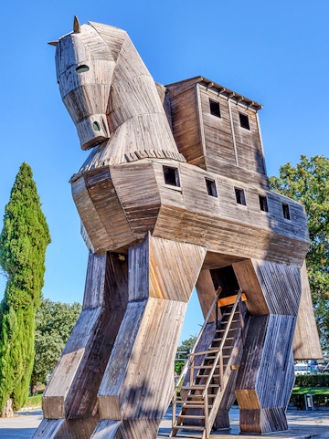 Wooden Trojan Horse replica at Troy, Turkey, with ladder access.