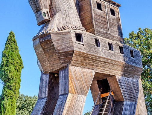 Wooden Trojan Horse replica at Troy, Turkey, with ladder access.