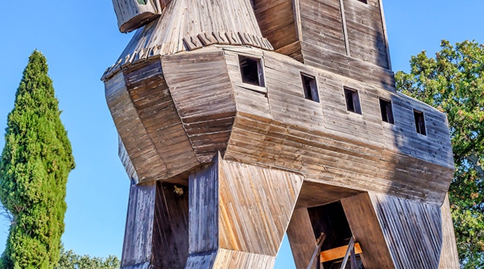 Wooden Trojan Horse replica at Troy, Turkey, with ladder access.