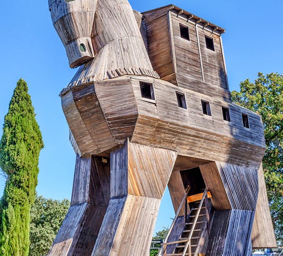 Wooden Trojan Horse replica at Troy, Turkey, with ladder access.