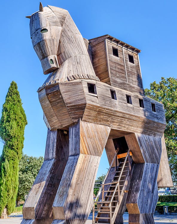 Wooden Trojan Horse replica at Troy, Turkey, with ladder access.
