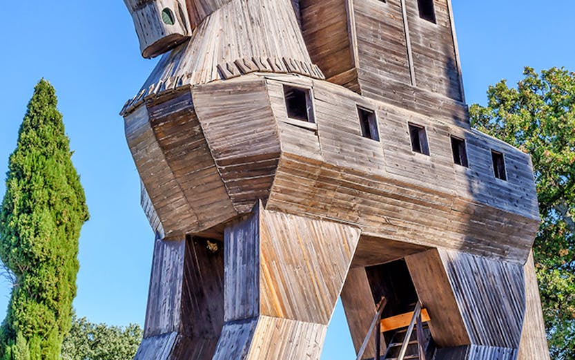 Wooden Trojan Horse replica at Troy, Turkey, with ladder access.