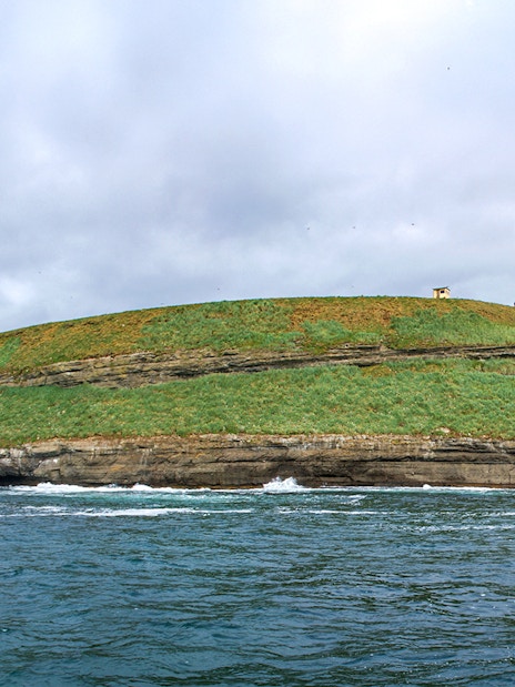 Puffin Island near Husavik with grassy cliffs and surrounding ocean.