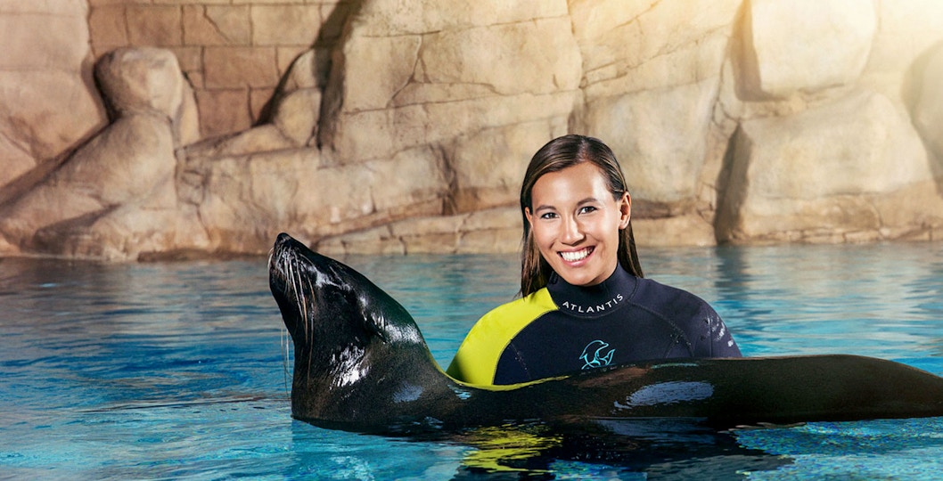 Sea lion encounter at Aquaventure Waterpark, person in wetsuit smiling in pool.