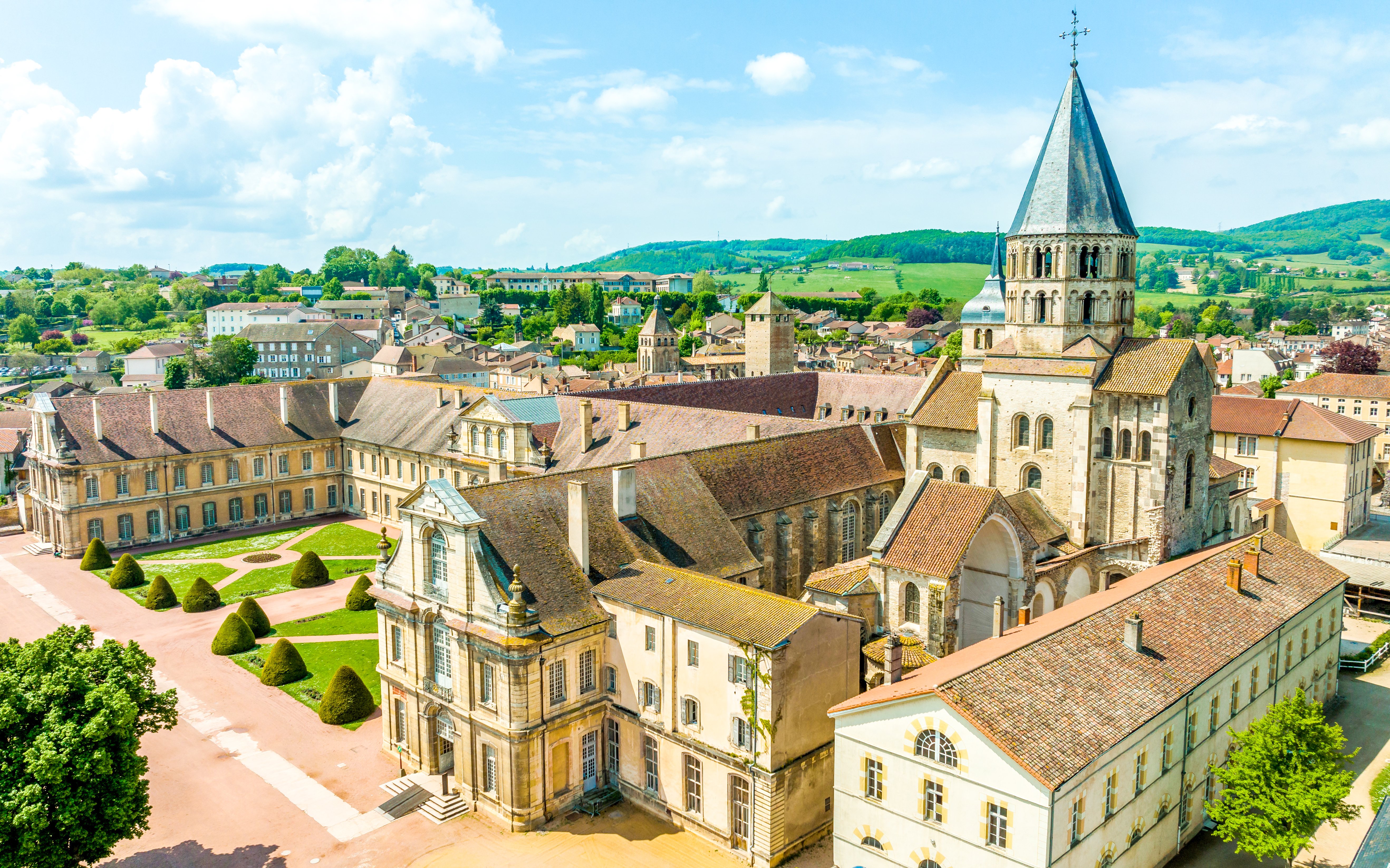 Cluny Abbey aerial view, historic architecture in Lyon, France.