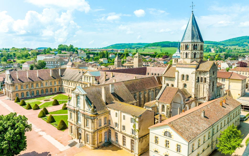 Cluny Abbey aerial view, historic architecture in Lyon, France.
