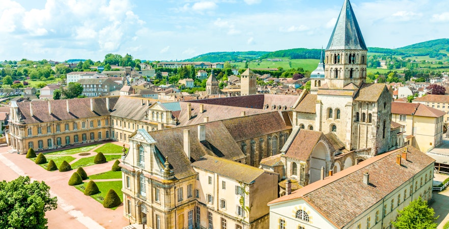 Cluny Abbey aerial view, historic architecture in Lyon, France.