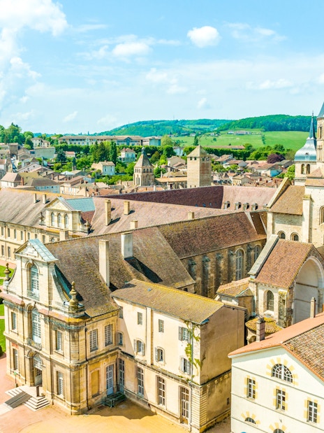 Cluny Abbey aerial view, historic architecture in Lyon, France.