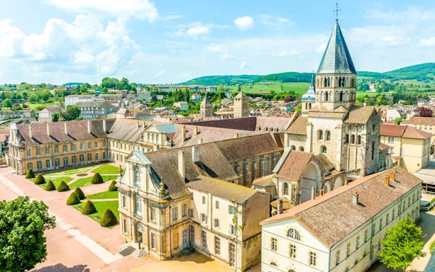 Cluny Abbey aerial view, historic architecture in Lyon, France.