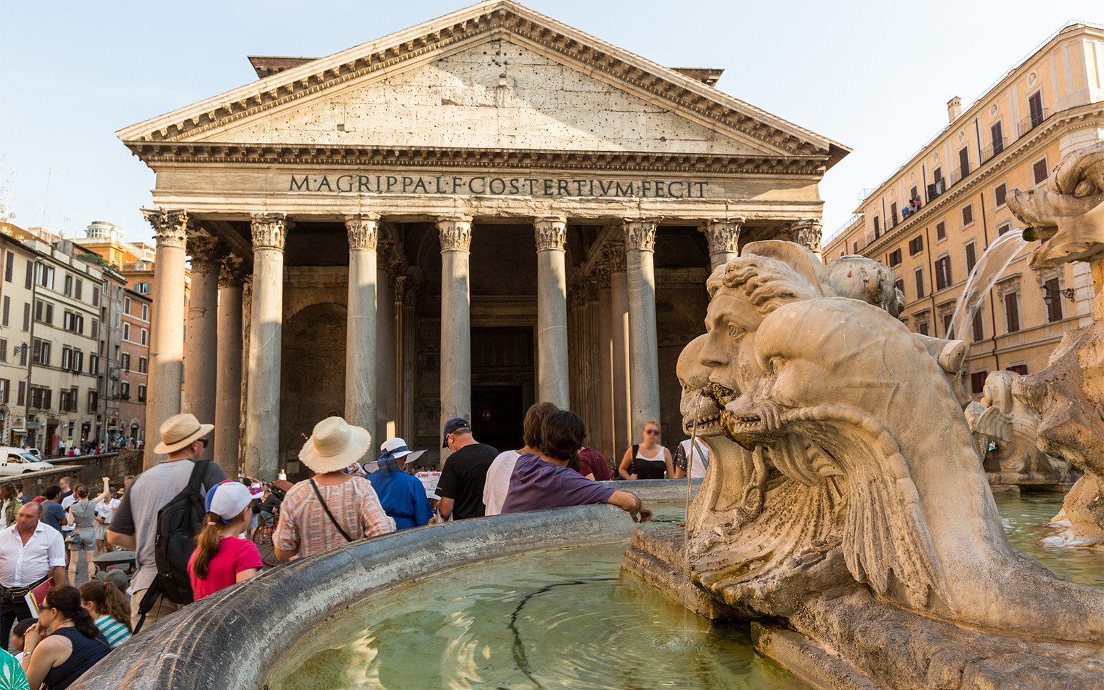 Roman Pantheon exterior with Corinthian columns in Rome, Italy.