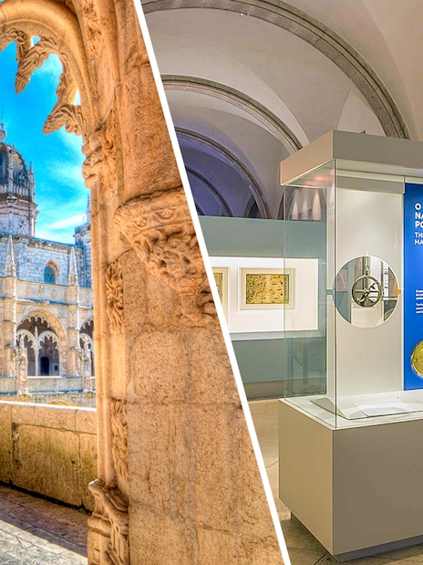 Jerónimos Monastery cloister and Maritime Museum exhibit in Lisbon.