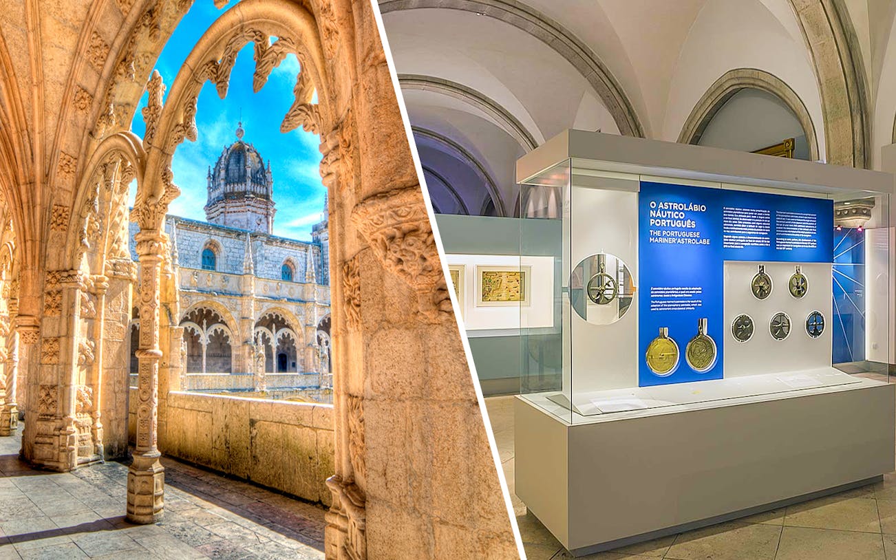 Jerónimos Monastery cloister and Maritime Museum exhibit in Lisbon.