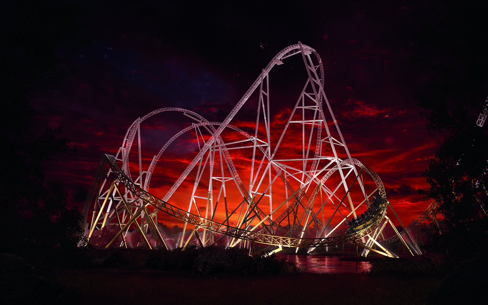 Roller coaster at Thorpe Park during Halloween with a dramatic red sky.